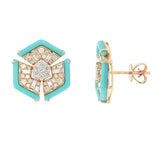 Pair of Hexagon Turquoise Earrings with Diamonds